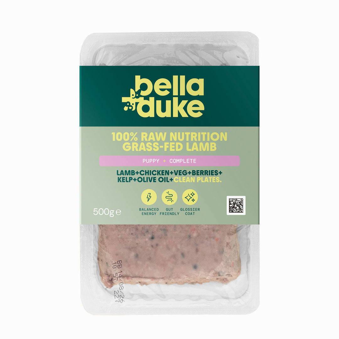 Packaged dog food with bella duke branding on a white background