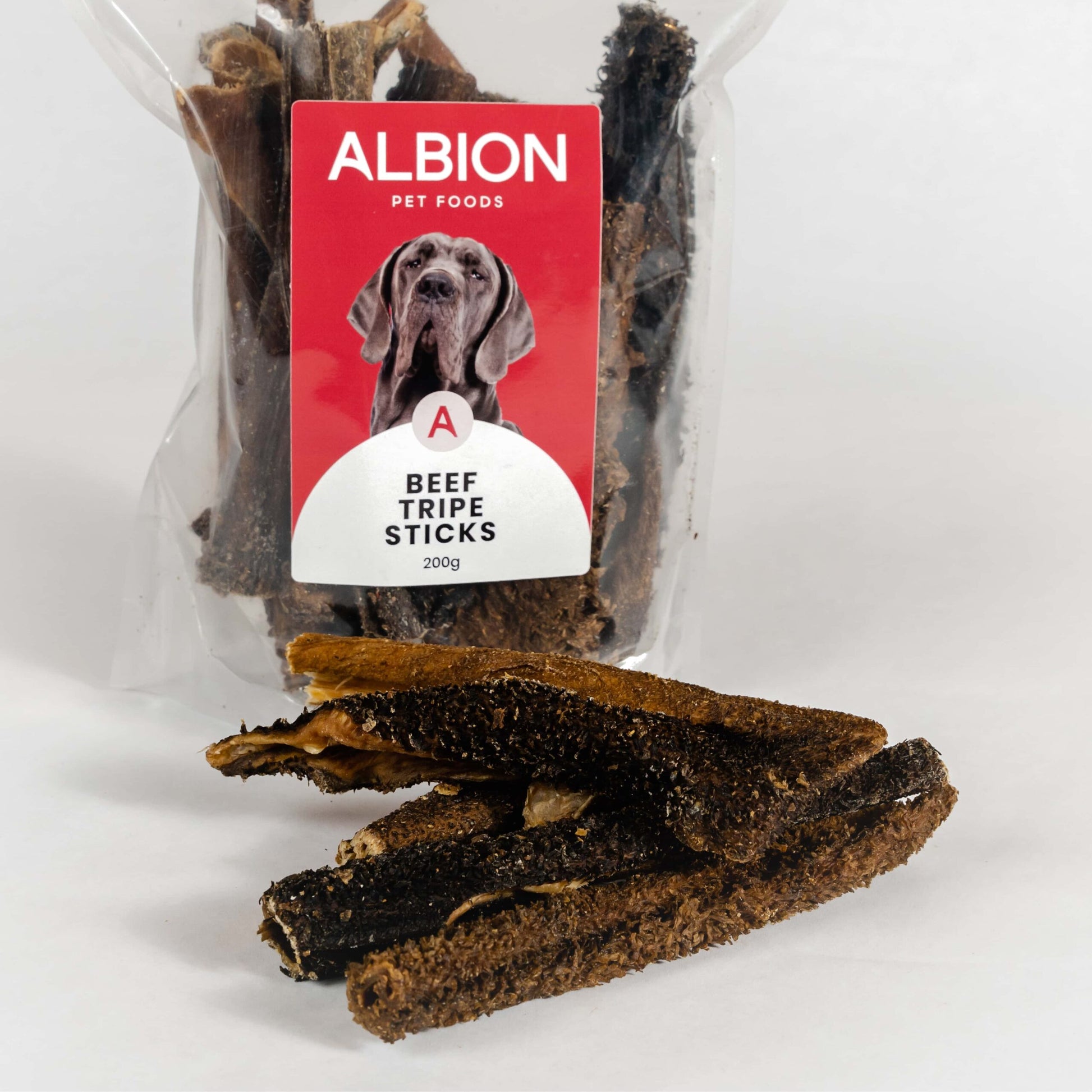 Albion Pet Foods Beef Tripe Sticks packaging with beef sticks on a white background